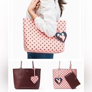 Kate Spade Arch Love Birds Reversible Tote Polka Dot Leather RP $299 Pink